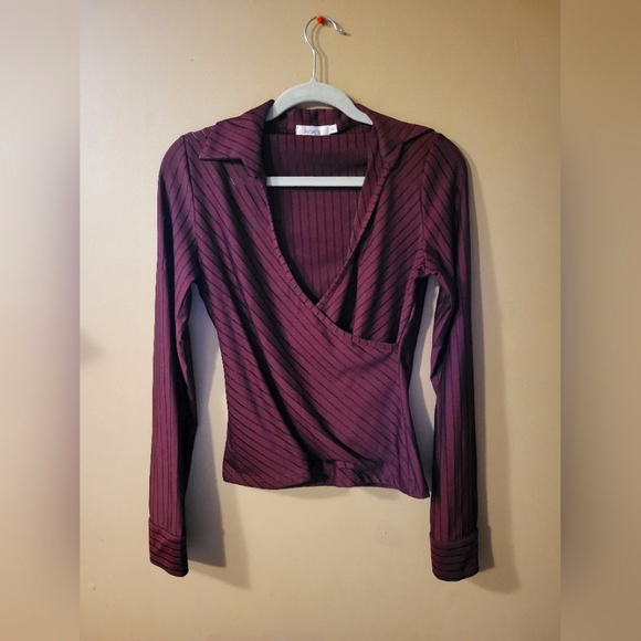 RICKI'S Burgundy semi-sweer stripe wrap blouse - Picture 1 of 4